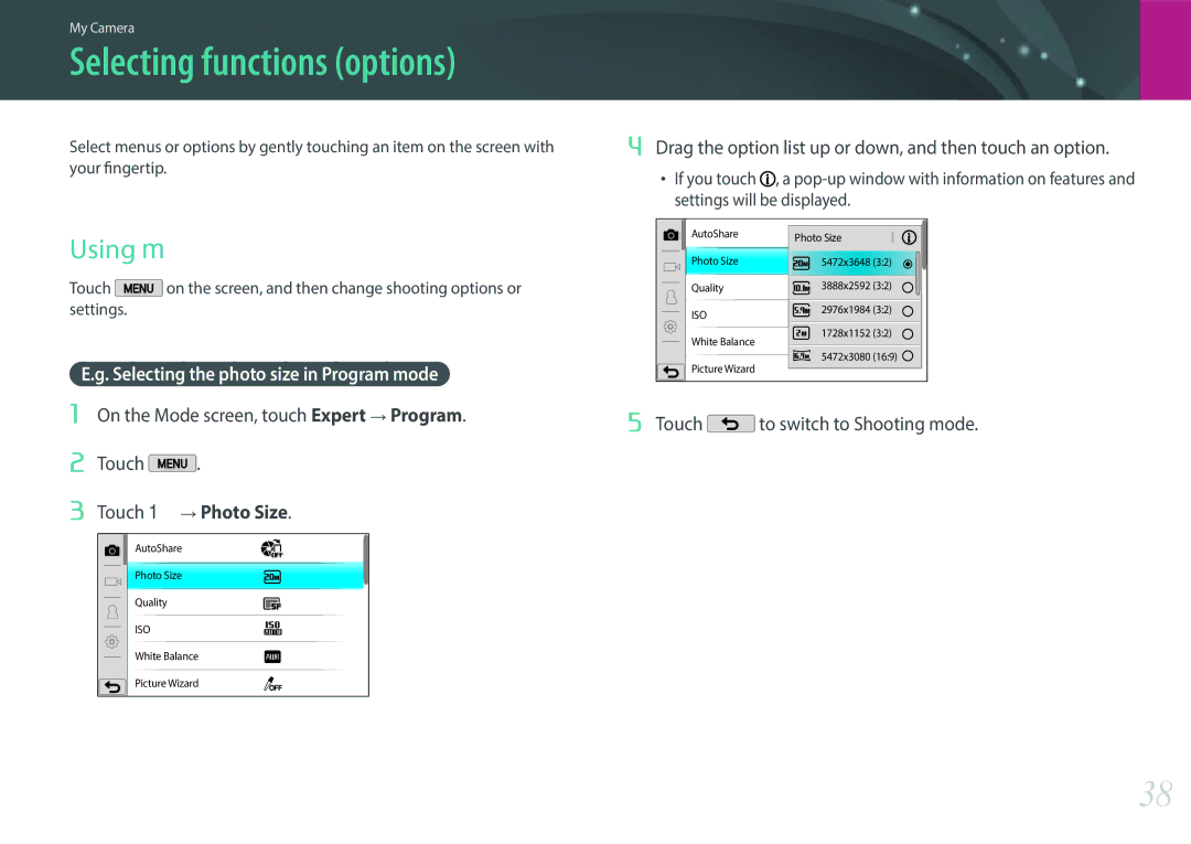 Samsung EV-NX2000BABUS user manual Selecting functions options, Using m, Selecting the photo size in Program mode 