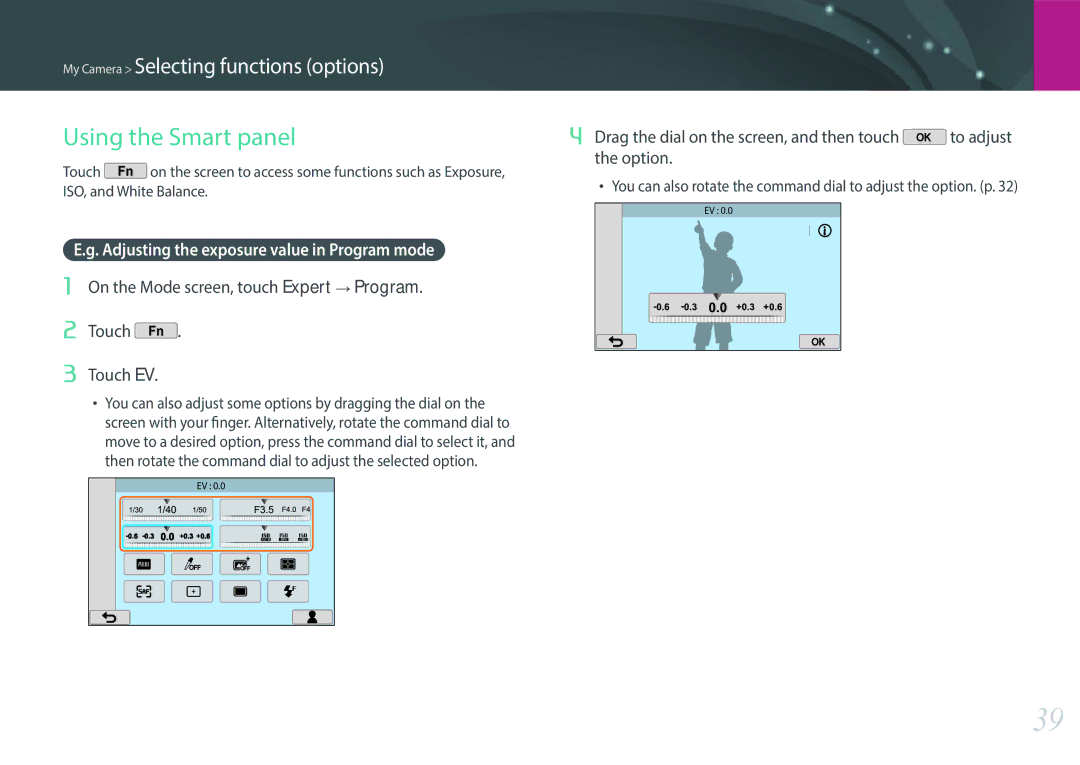 Samsung EV-NX2000BABUS user manual Using the Smart panel, Adjusting the exposure value in Program mode 