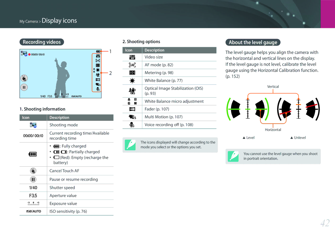 Samsung EV-NX2000BABUS user manual Recording videos, About the level gauge 