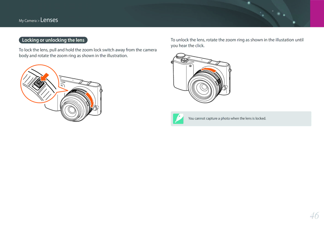 Samsung EV-NX2000BABUS user manual Locking or unlocking the lens 