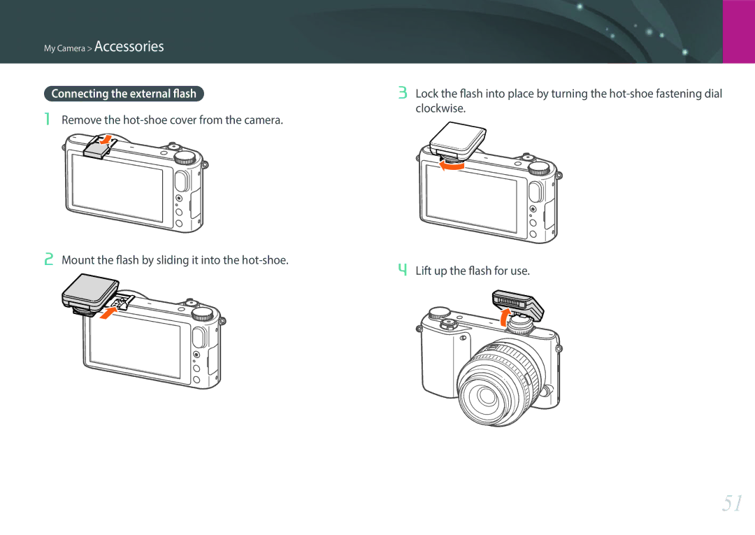 Samsung EV-NX2000BABUS user manual Clockwise, Lift up the flash for use 