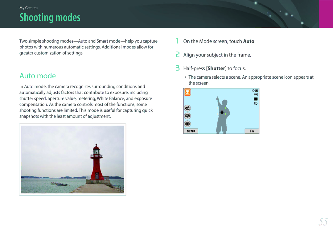 Samsung EV-NX2000BABUS user manual Shooting modes, Auto mode 