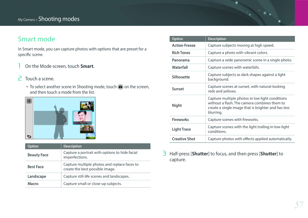 Samsung EV-NX2000BABUS user manual Smart mode, On the Mode screen, touch Smart Touch a scene 