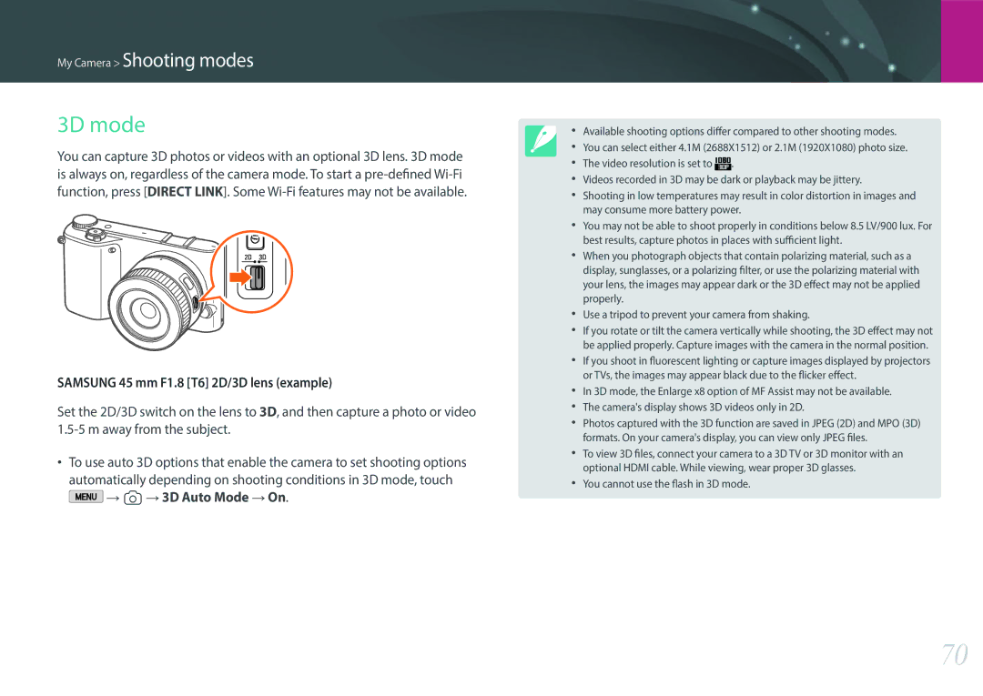 Samsung EV-NX2000BABUS user manual 3D mode, Samsung 45 mm F1.8 T6 2D/3D lens example 