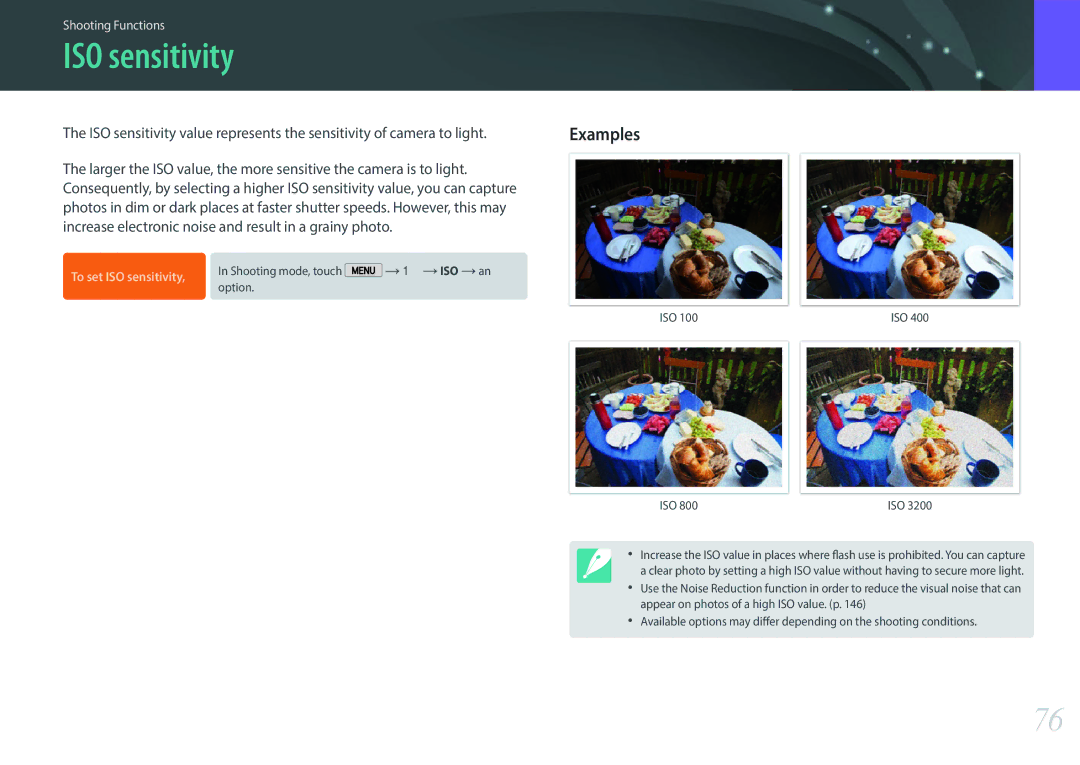 Samsung EV-NX2000BABUS user manual ISO sensitivity, Examples, → 1 → ISO → an 