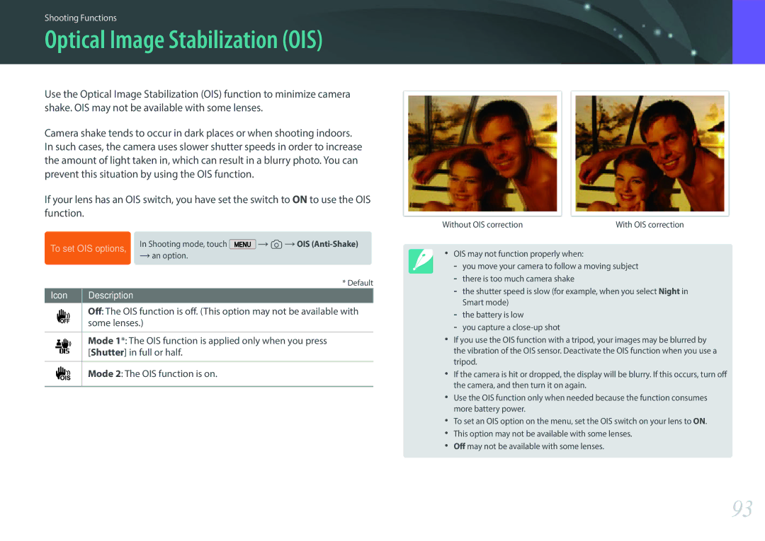 Samsung EV-NX2000BABUS user manual Optical Image Stabilization OIS 