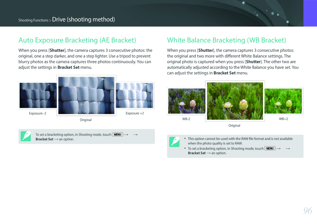 Samsung EV-NX2000BABUS user manual Auto Exposure Bracketing AE Bracket, White Balance Bracketing WB Bracket 