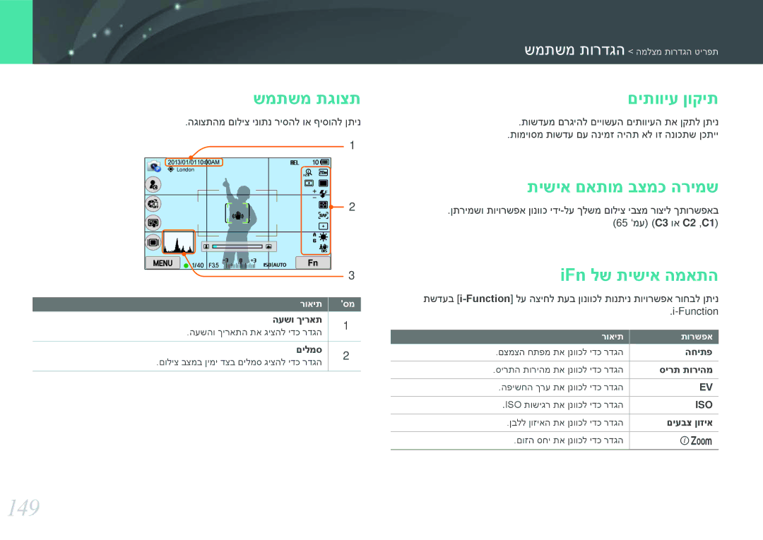 Samsung EV-NX2000BFWDE, EV-NX2000BABDE manual 149, שמתשמ תגוצת, םיתוויע ןוקית, תישיא םאתומ בצמכ הרימש, IFn לש תישיא המאתה 