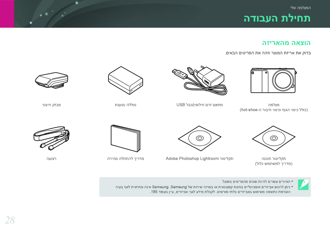 Samsung EV-NX2000BGWIL, EV-NX2000BFWDE manual הדובעה תליחת, הזיראהמ האצוה, םיאבה םיטירפה תא ההזו רצומה תזירא תא קודב 