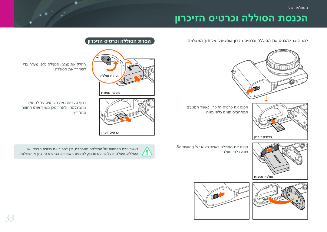 Samsung EV-NX2000BABIL, EV-NX2000BFWDE, EV-NX2000BABDE manual ןורכיזה סיטרכו הללוסה תסנכה, ןורכיזה סיטרכו הללוסה תרסה 