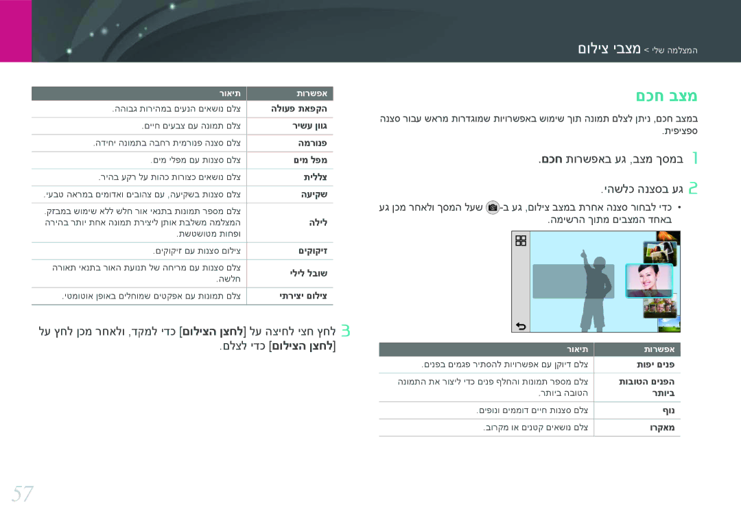 Samsung EV-NX2000BABIL, EV-NX2000BFWDE, EV-NX2000BABDE, EV-NX2000BFWIL manual םכח בצמ, םכח תורשפאב עג ,בצמ ךסמב יהשלכ הנצסב עג 