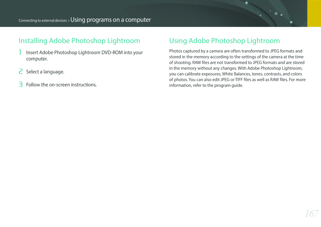 Samsung EV-NX2000BFWLV, EV-NX2000BFWGR manual 167, Installing Adobe Photoshop Lightroom, Using Adobe Photoshop Lightroom 