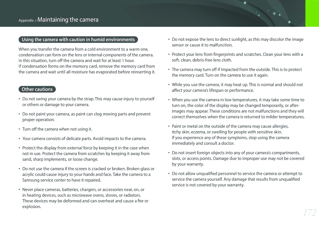 Samsung EV-NX2000BABRU, EV-NX2000BFWGR manual 172, Using the camera with caution in humid environments, Other cautions 