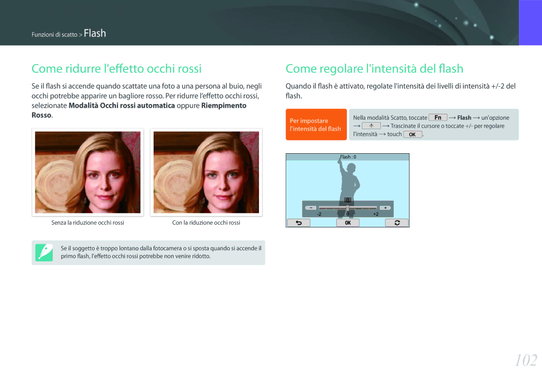Samsung EV-NX2000BFWIT manual 102, Come ridurre leffetto occhi rossi, Come regolare lintensità del flash 