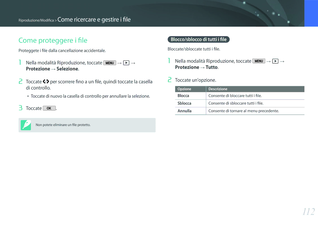 Samsung EV-NX2000BFWIT manual 112, Come proteggere i file, Blocco/sblocco di tutti i file 