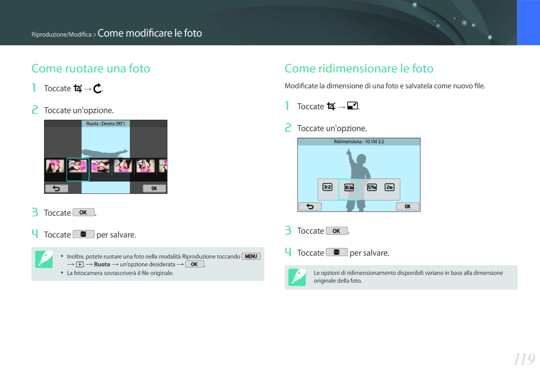 Samsung EV-NX2000BFWIT manual 119, Come ruotare una foto, Come ridimensionare le foto, Toccate → Toccate unopzione 