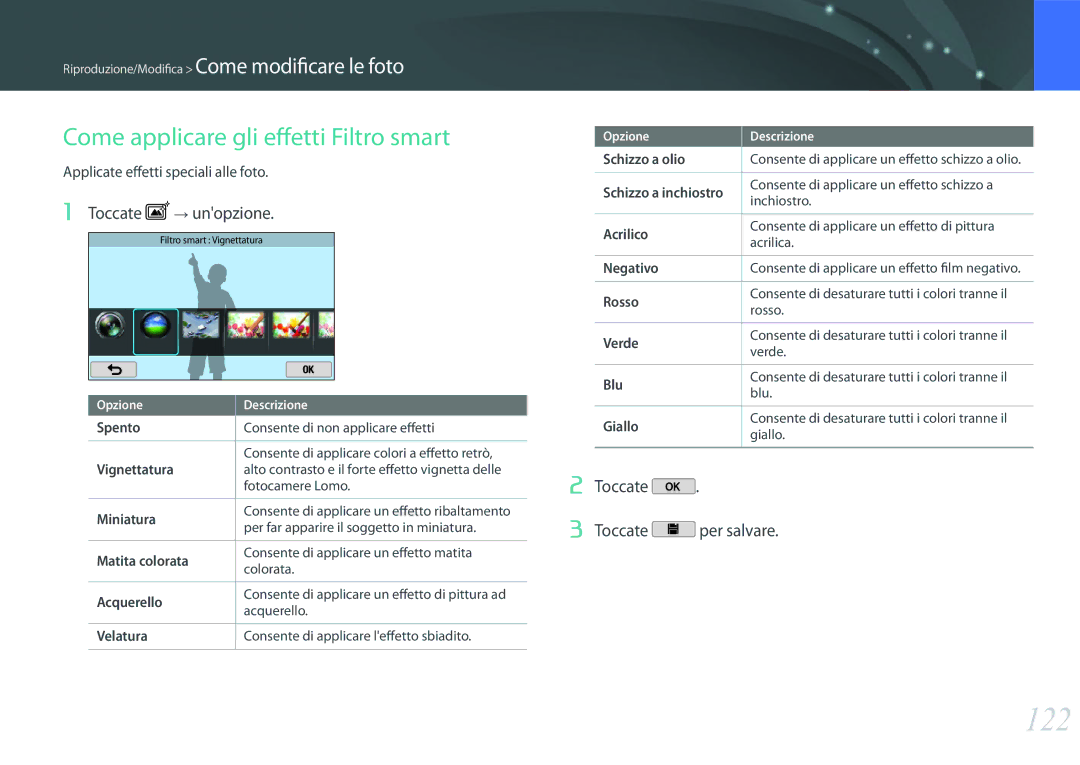 Samsung EV-NX2000BFWIT manual 122, Come applicare gli effetti Filtro smart, Toccate → unopzione 