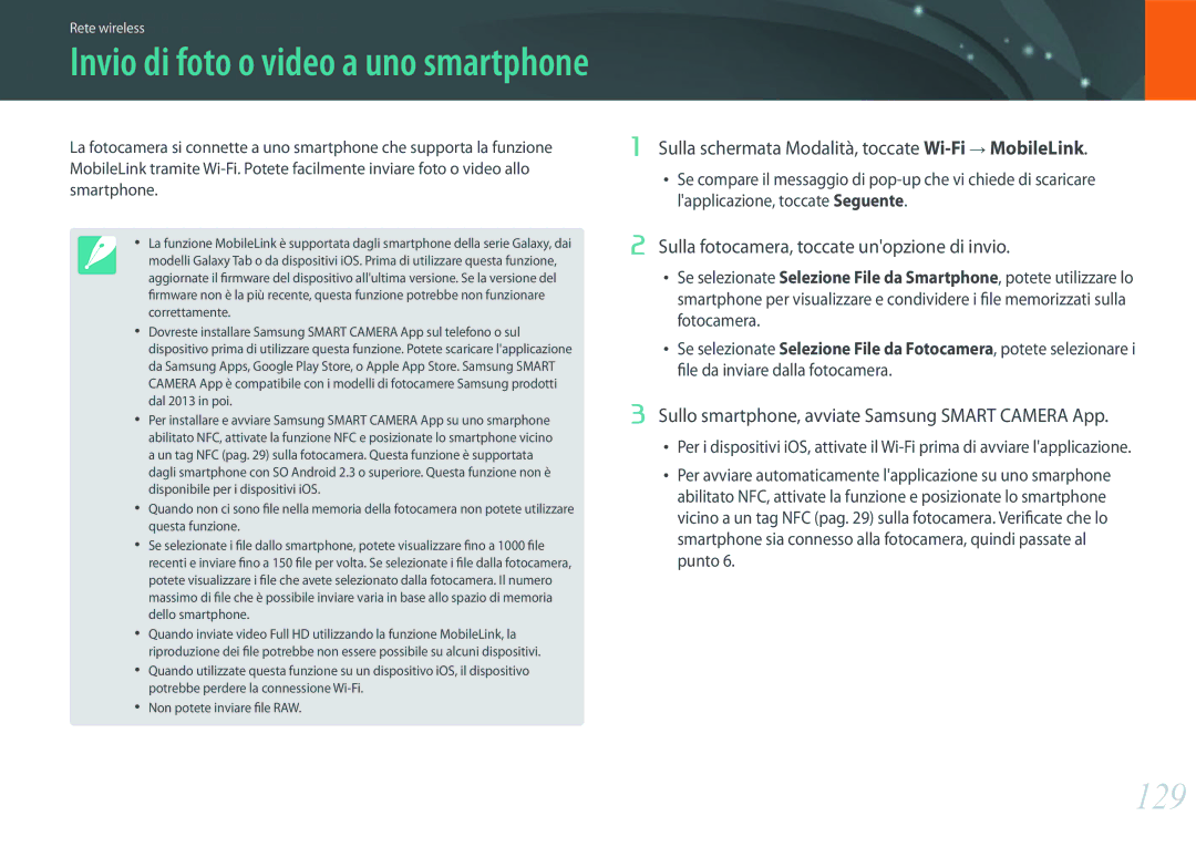 Samsung EV-NX2000BFWIT manual 129, Sulla schermata Modalità, toccate Wi-Fi→ MobileLink 