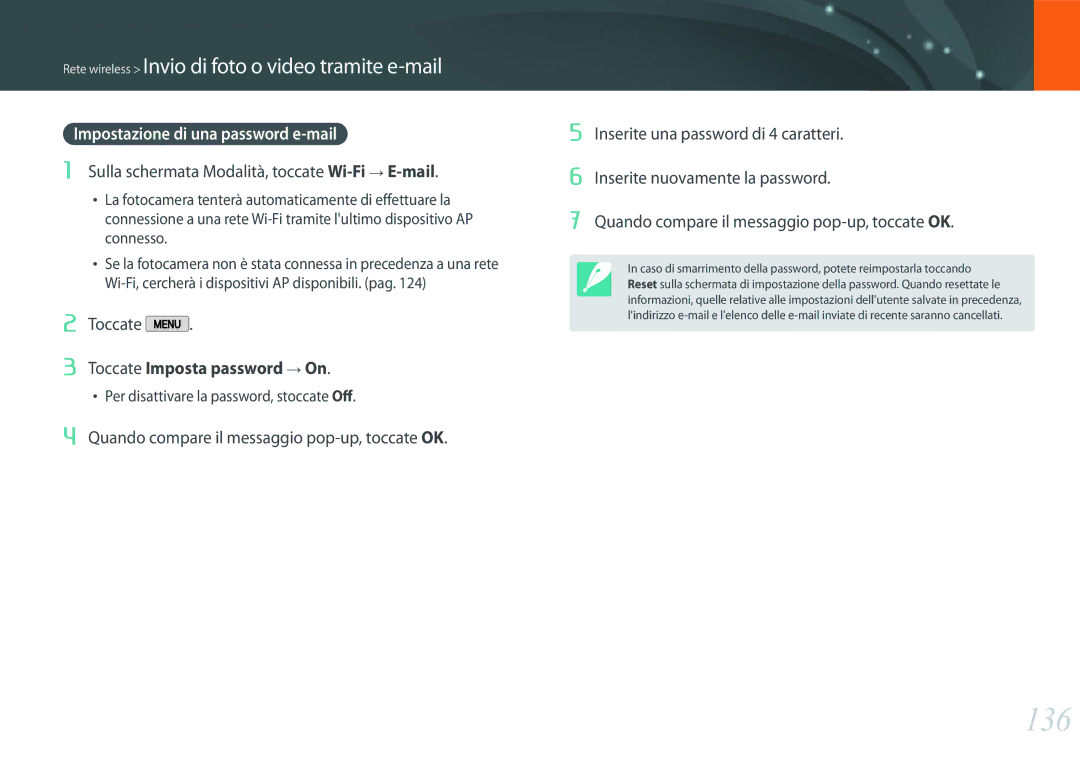 Samsung EV-NX2000BFWIT manual 136, Impostazione di una password e-mail 