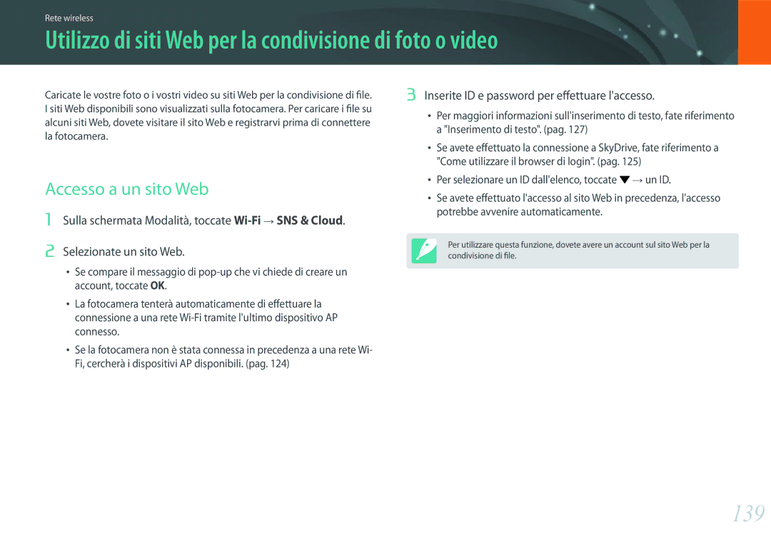 Samsung EV-NX2000BFWIT manual Utilizzo di siti Web per la condivisione di foto o video, 139, Accesso a un sito Web 