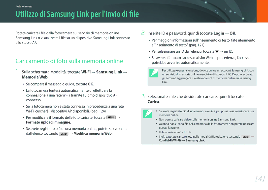 Samsung EV-NX2000BFWIT manual Utilizzo di Samsung Link per linvio di file, 141, Caricamento di foto sulla memoria online 