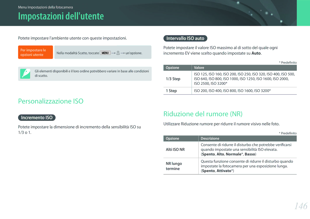 Samsung EV-NX2000BFWIT manual Impostazioni dellutente, 146, Personalizzazione ISO, Riduzione del rumore NR 