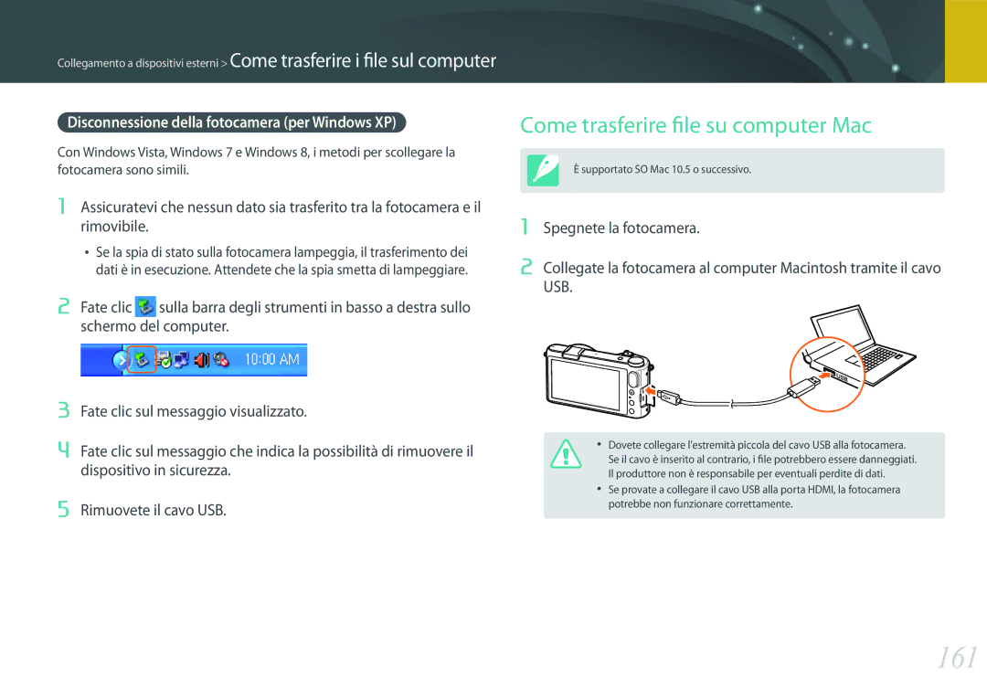 Samsung EV-NX2000BFWIT manual 161, Come trasferire file su computer Mac, Disconnessione della fotocamera per Windows XP 