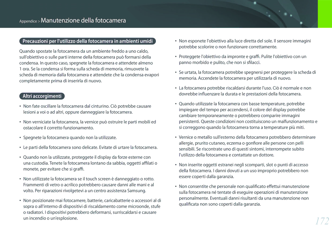 Samsung EV-NX2000BFWIT manual 172, Altri accorgimenti 