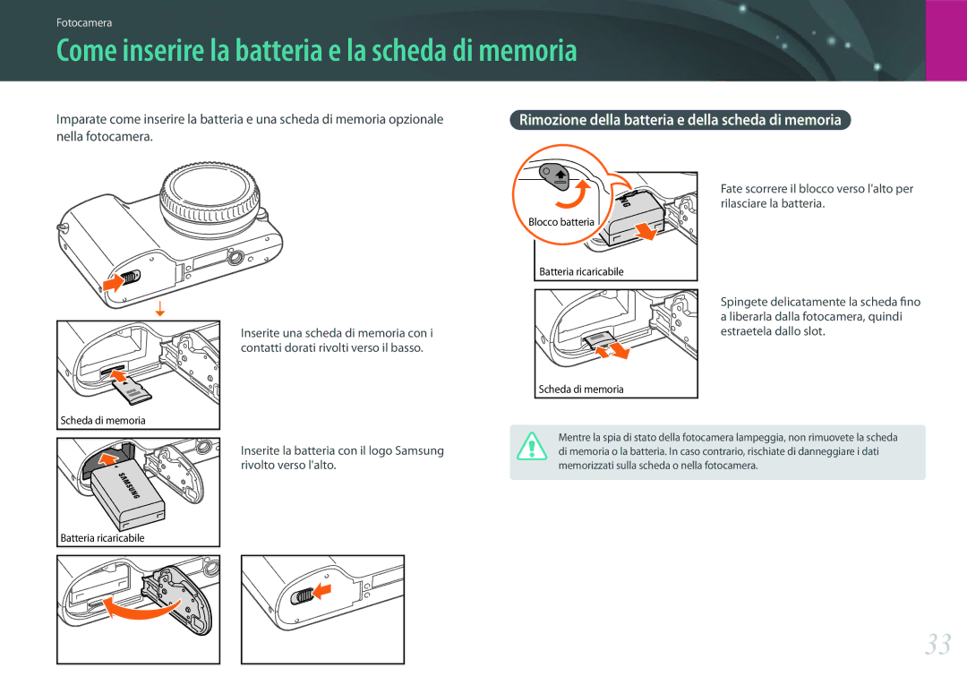 Samsung EV-NX2000BFWIT manual Come inserire la batteria e la scheda di memoria 