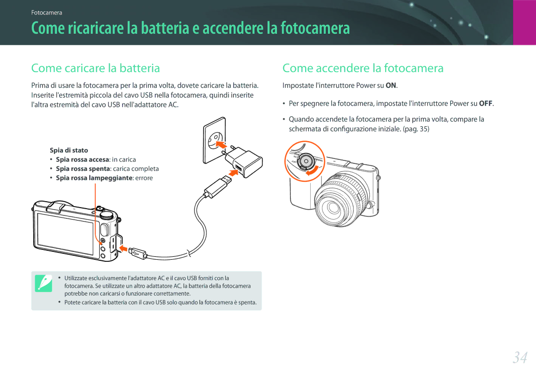 Samsung EV-NX2000BFWIT manual Come ricaricare la batteria e accendere la fotocamera, Come caricare la batteria 