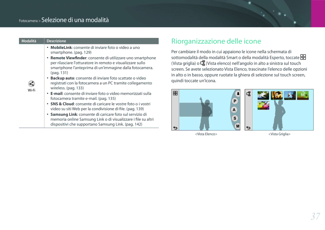 Samsung EV-NX2000BFWIT manual Riorganizzazione delle icone, Fotocamera Selezione di una modalità 