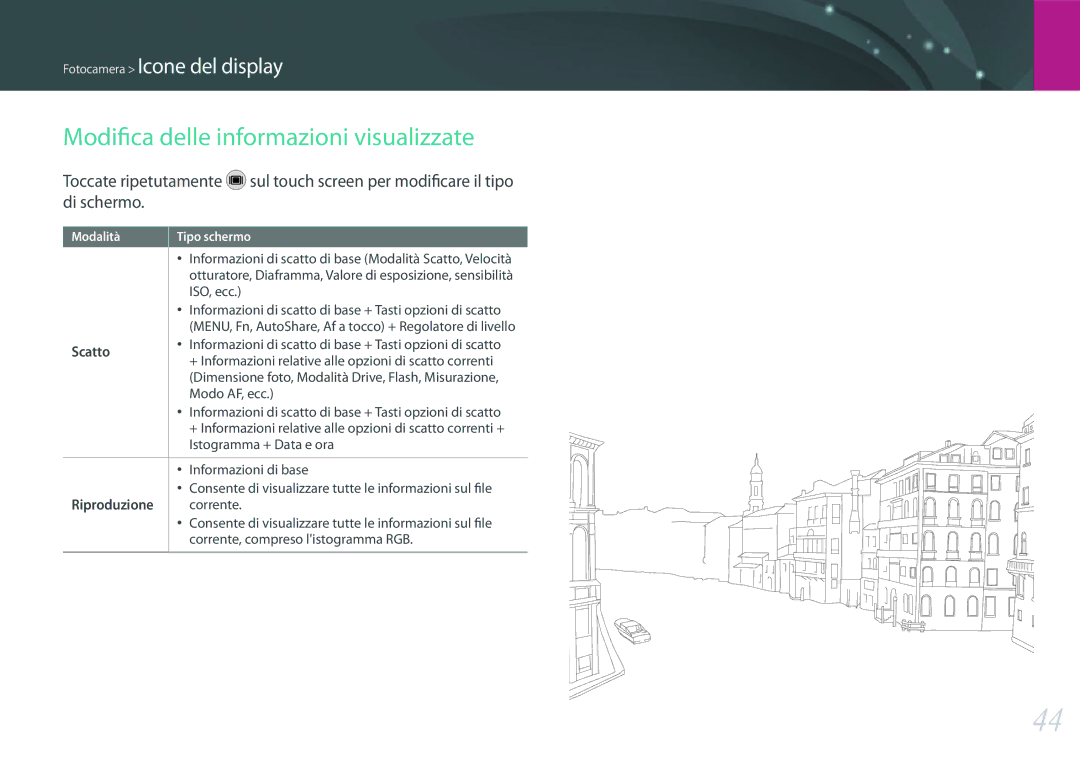 Samsung EV-NX2000BFWIT manual Modifica delle informazioni visualizzate, Scatto, Riproduzione 