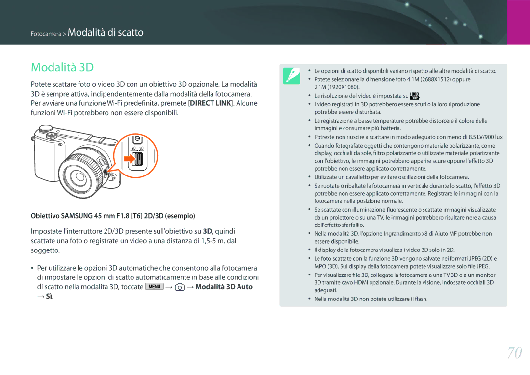 Samsung EV-NX2000BFWIT manual Modalità 3D, → Sì 