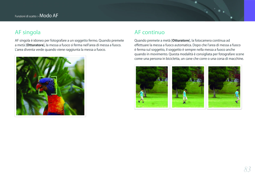 Samsung EV-NX2000BFWIT manual AF singola, AF continuo 