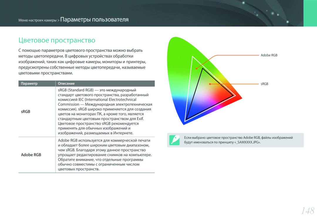 Samsung EV-NX2000BFWKZ, EV-NX2000BFWLV, EV-NX2000BABLV, EV-NX2000BFWRU manual 148, Цветовое пространство, Srgb, Adobe RGB 