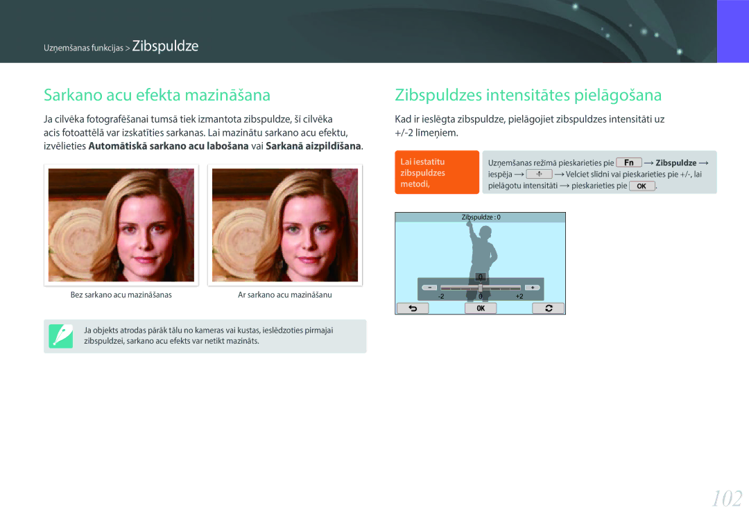 Samsung EV-NX2000BABLV, EV-NX2000BFWLV manual 102, Sarkano acu efekta mazināšana, Zibspuldzes intensitātes pielāgošana 