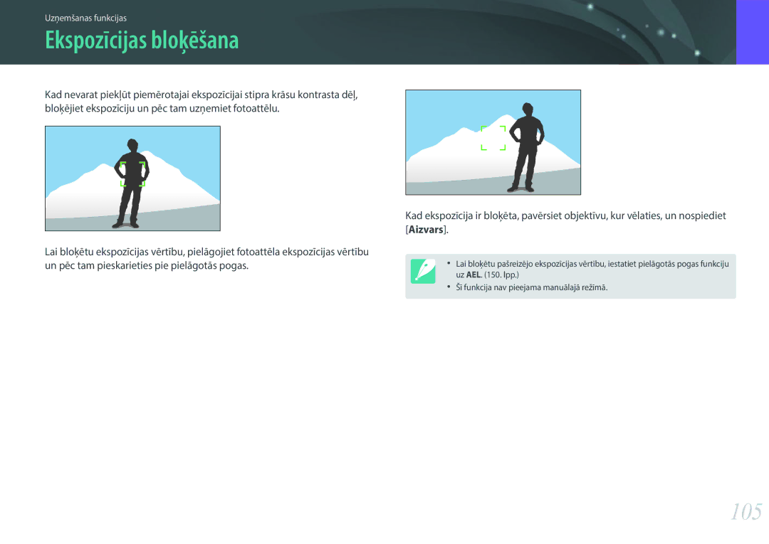 Samsung EV-NX2000BFWLV, EV-NX2000BABLV manual Ekspozīcijas bloķēšana, 105 