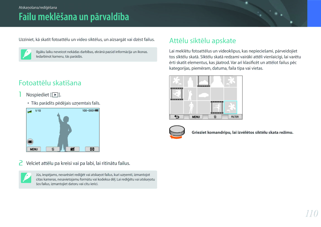 Samsung EV-NX2000BABLV, EV-NX2000BFWLV manual 110, Attēlu sīktēlu apskate, Fotoattēlu skatīšana, Nospiediet z 