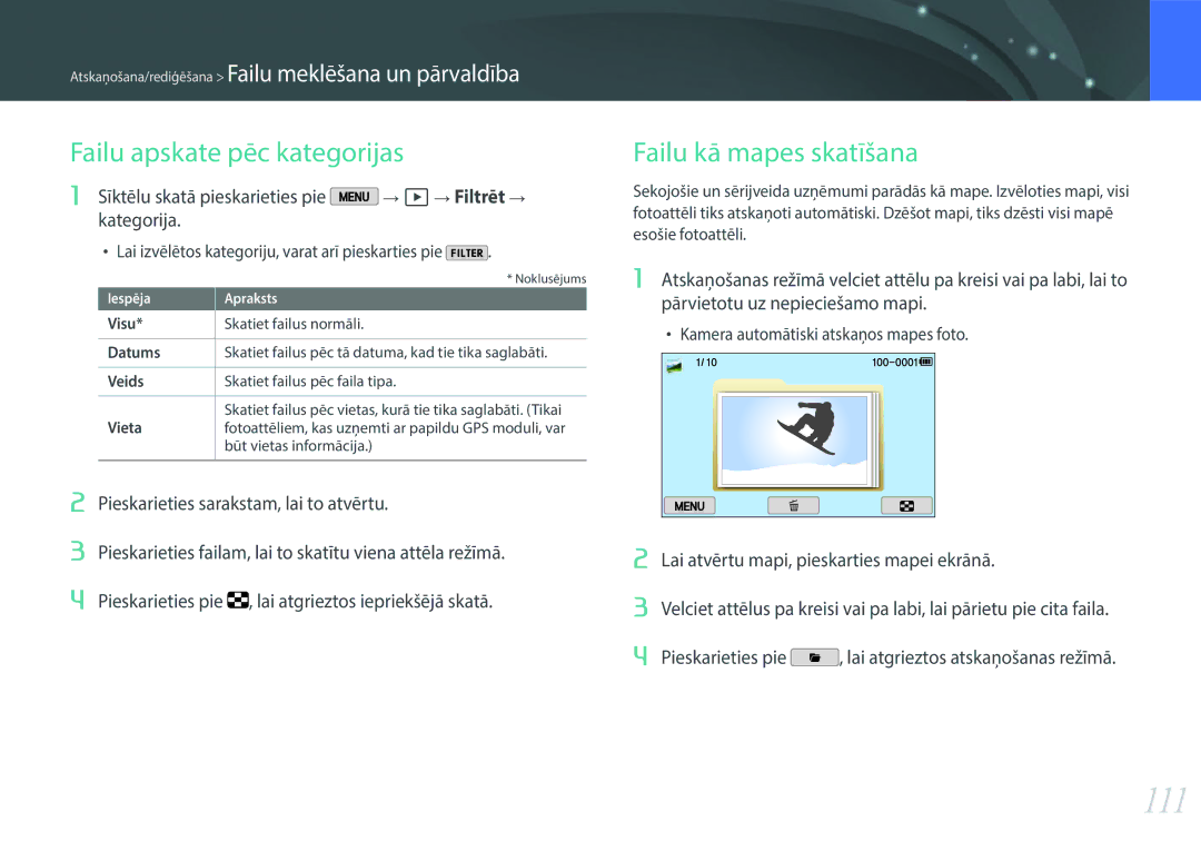 Samsung EV-NX2000BFWLV, EV-NX2000BABLV manual 111, Failu apskate pēc kategorijas, Failu kā mapes skatīšana 