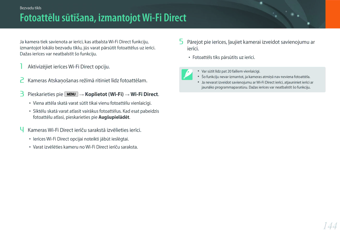 Samsung EV-NX2000BABLV, EV-NX2000BFWLV manual Fotoattēlu sūtīšana, izmantojot Wi-Fi Direct, 144 