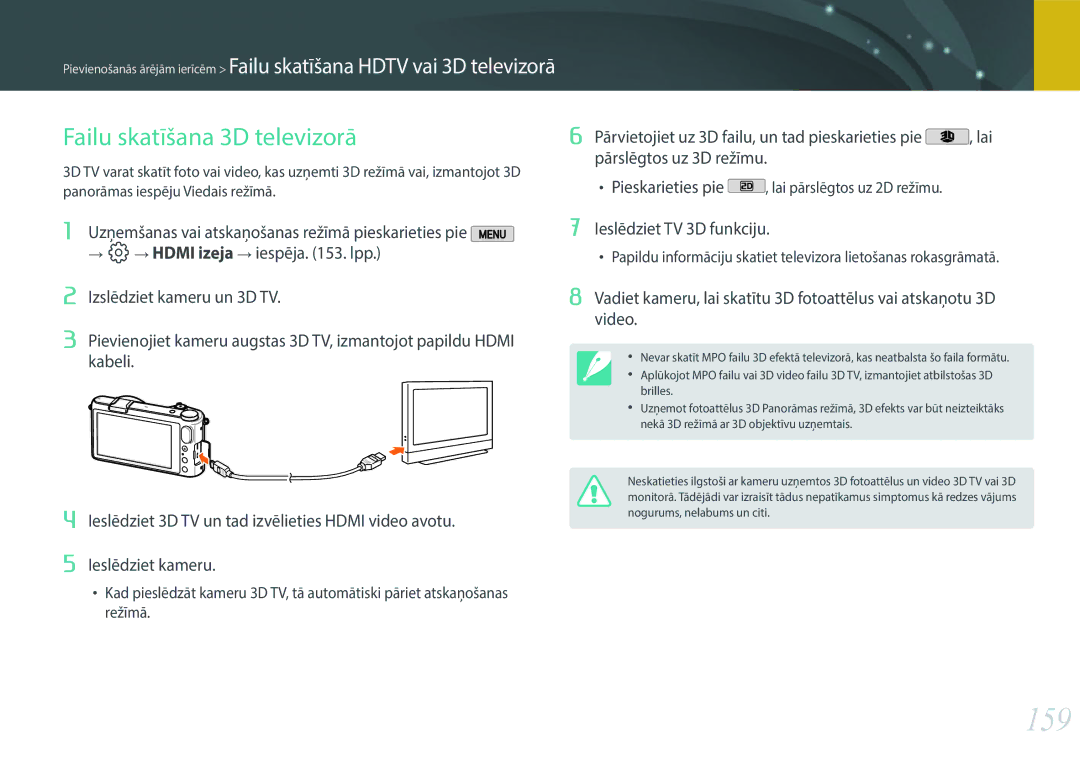 Samsung EV-NX2000BFWLV, EV-NX2000BABLV manual 159, Failu skatīšana 3D televizorā, Ieslēdziet TV 3D funkciju 