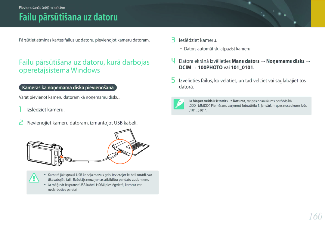Samsung EV-NX2000BABLV, EV-NX2000BFWLV manual Failu pārsūtīšana uz datoru, 160, Kameras kā noņemama diska pievienošana 