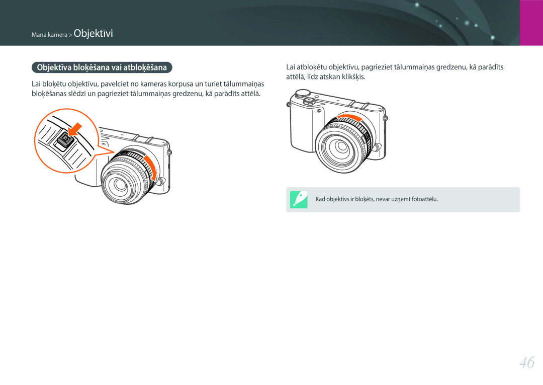 Samsung EV-NX2000BABLV, EV-NX2000BFWLV manual Attēlā, līdz atskan klikšķis 