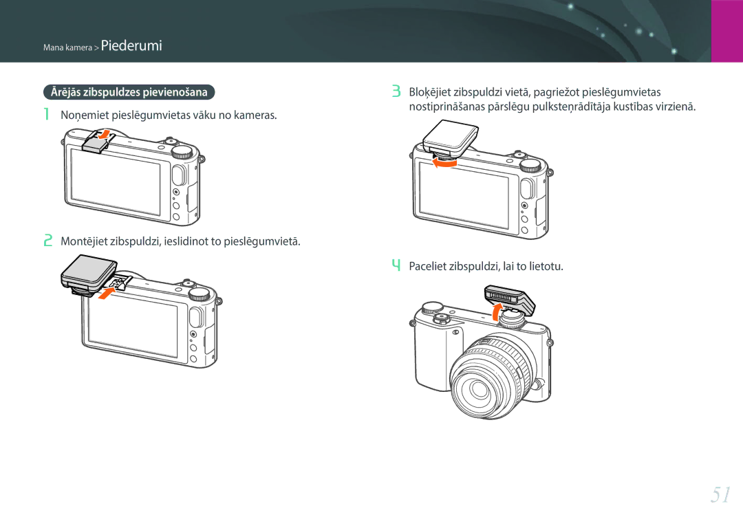 Samsung EV-NX2000BFWLV Bloķējiet zibspuldzi vietā, pagriežot pieslēgumvietas, Noņemiet pieslēgumvietas vāku no kameras 