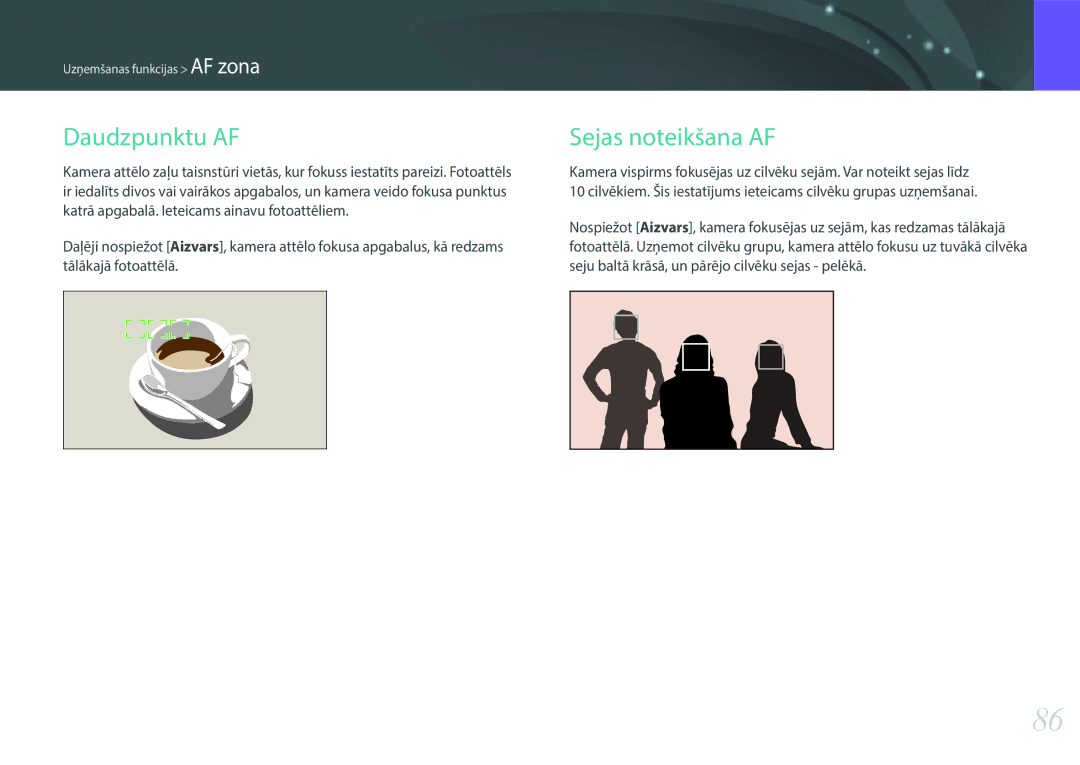 Samsung EV-NX2000BABLV, EV-NX2000BFWLV manual Daudzpunktu AF, Sejas noteikšana AF 