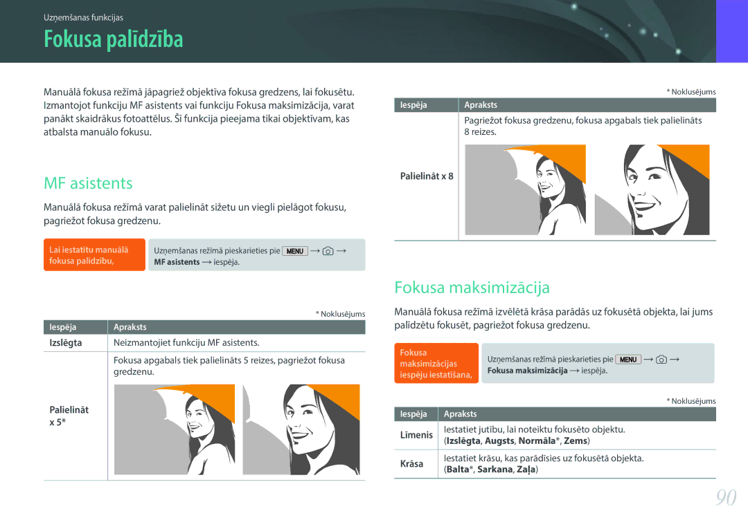 Samsung EV-NX2000BABLV, EV-NX2000BFWLV manual Fokusa palīdzība, MF asistents, Fokusa maksimizācija 