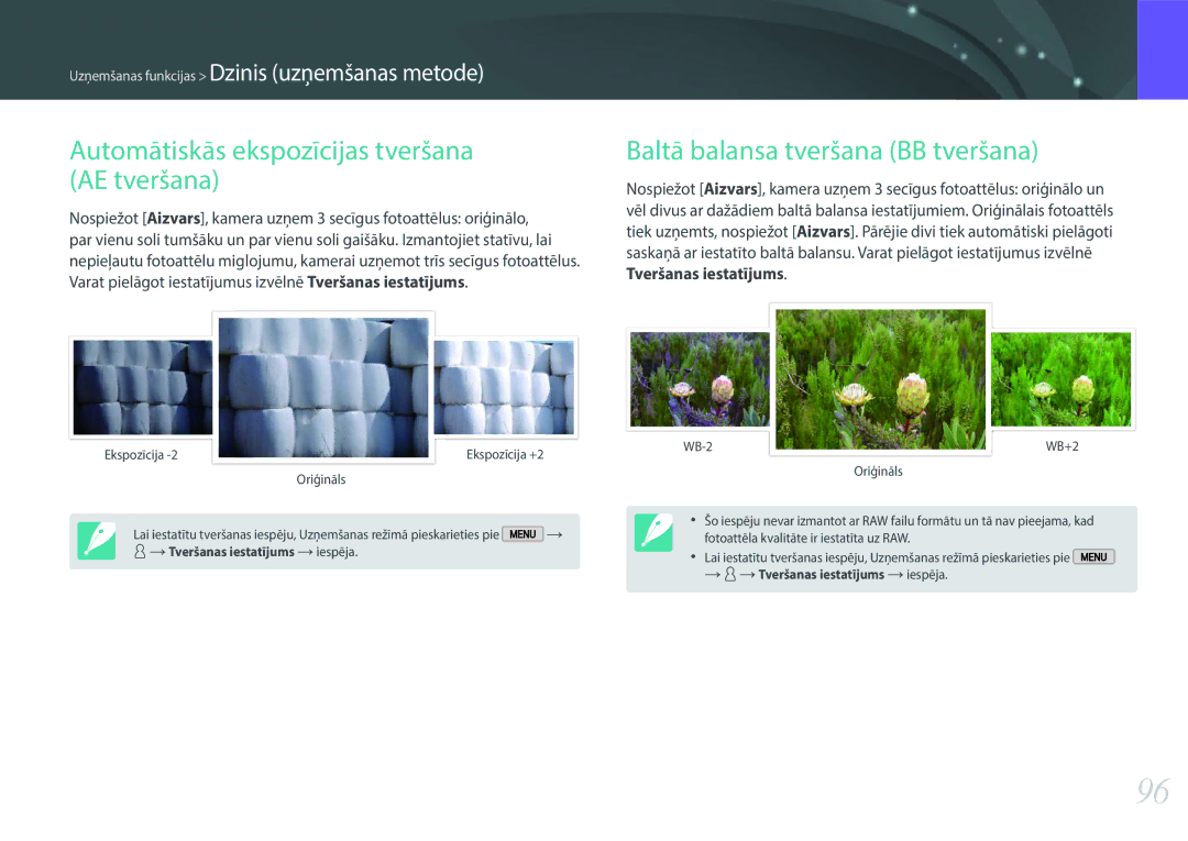 Samsung EV-NX2000BABLV, EV-NX2000BFWLV Automātiskās ekspozīcijas tveršana AE tveršana, Baltā balansa tveršana BB tveršana 