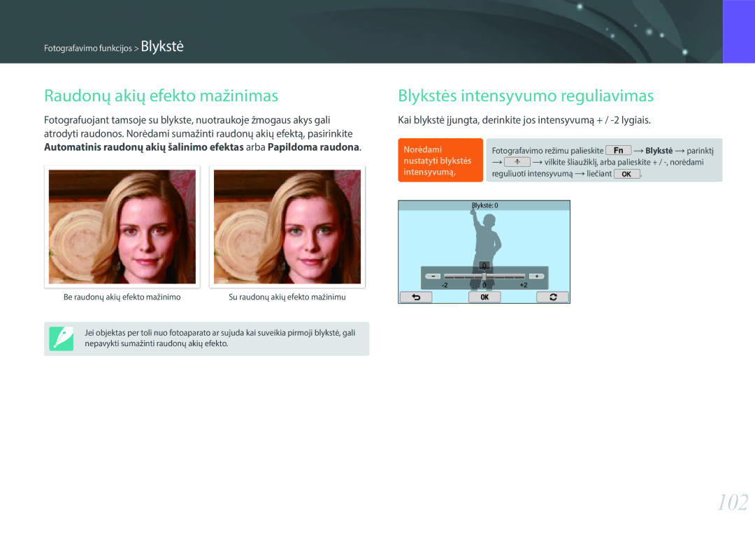 Samsung EV-NX2000BABLV, EV-NX2000BFWLV manual 102, Raudonų akių efekto mažinimas, Blykstės intensyvumo reguliavimas 