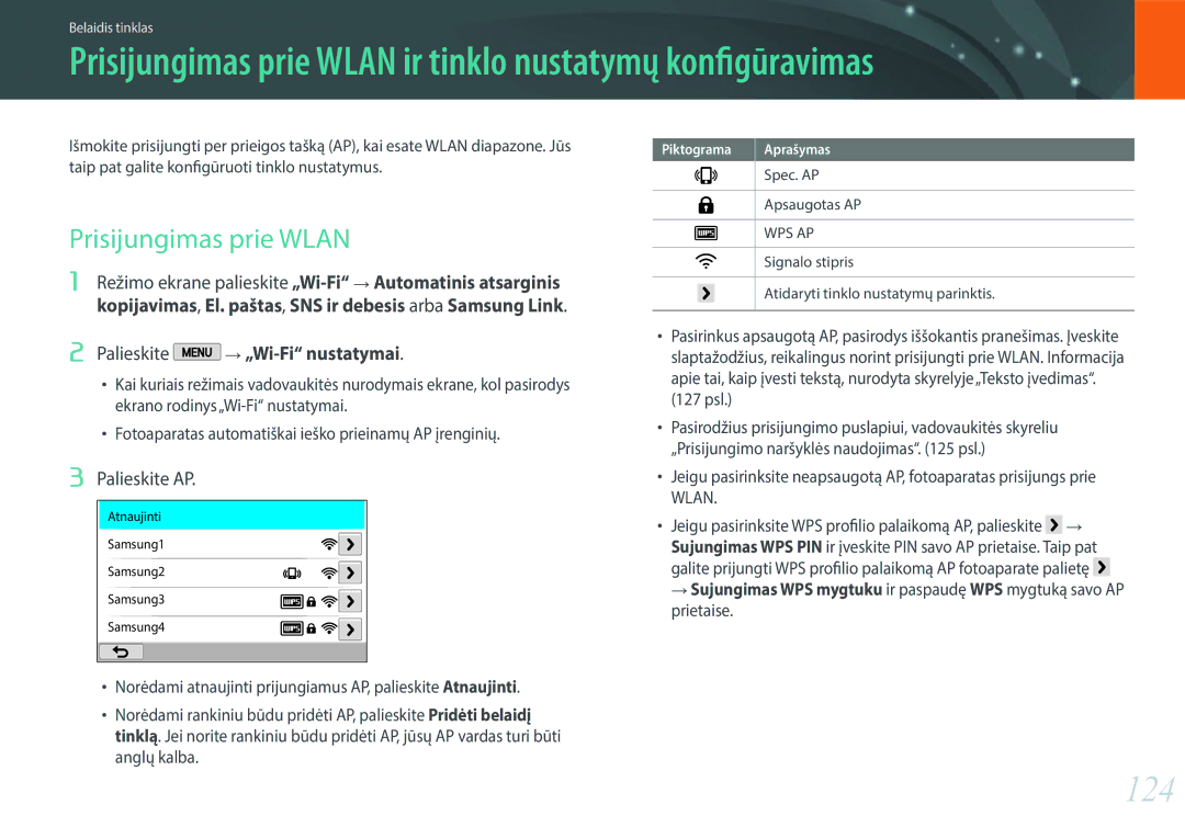 Samsung EV-NX2000BABLV, EV-NX2000BFWLV manual 124, Prisijungimas prie Wlan, Palieskite AP 