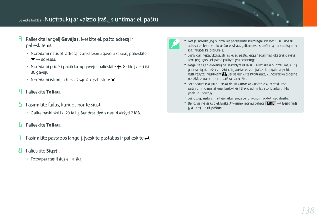 Samsung EV-NX2000BABLV, EV-NX2000BFWLV manual 138, Palieskite Toliau Pasirinkite failus, kuriuos norite siųsti 